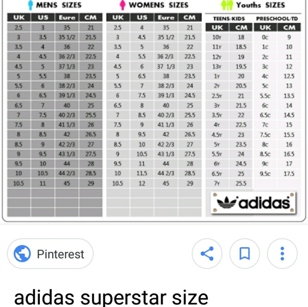 Adidas Superstar size chart!!
